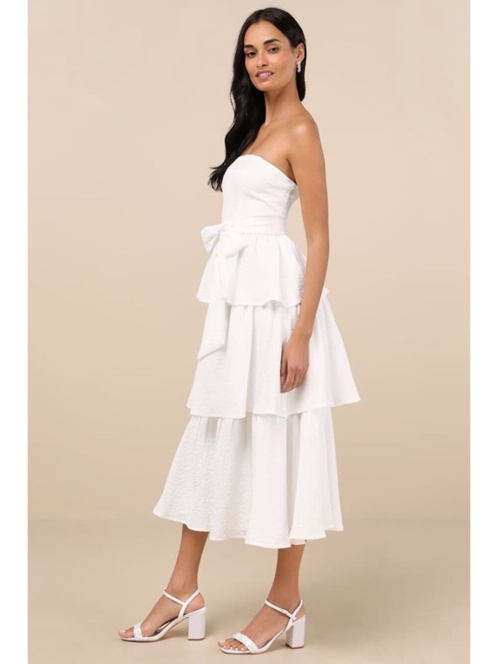 Lulus Truly Marvelous Midi Dress Sz Small White Jacquard Strapless Tiered Belted - Picture 5 of 7